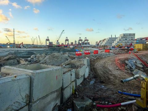 Earthworks and concrete blocks on an active construction site