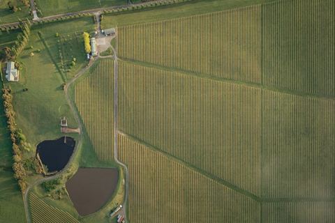 Aerial view of open land divided into plots and fields